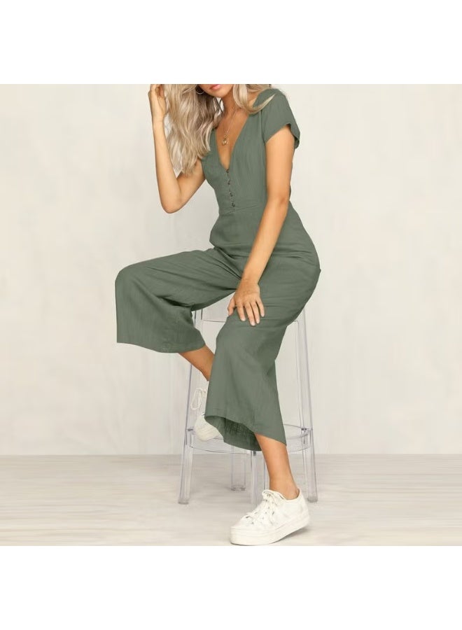Barbora Linen Daily Summer V-Neck Short Leg Design Women's Jumpsuit LN1010KOYUHAKI1 - Image 3
